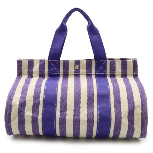 Hermes Cannes MM Tote Handbag Striped Canvas Purple Ivory with Pouch